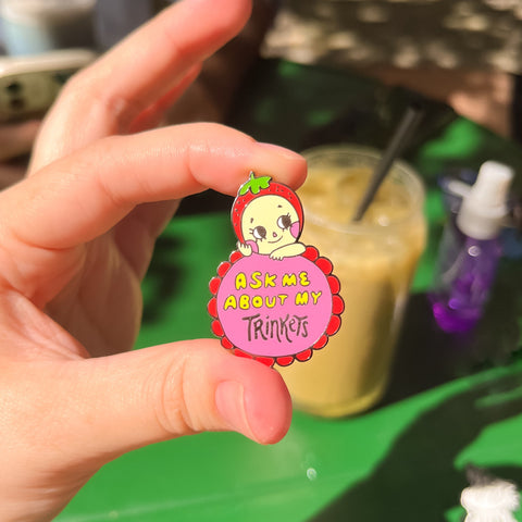 Ask Me About My Trinkets - Enamel Pin ashleyooacevedoshop accessories angel art Designed in Puerto Rico doodle flower illustration kawaii kewpie lapel pin pin sonny angel strawberry trinkets 7F9E9AB4-3CAF-41AE-93D7-149222E8FE78