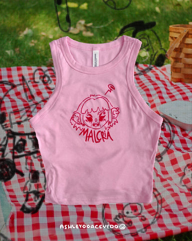 Malcriá Crop Tank Top Pink Tank Top ashleyooacevedoshop Boricua Designed in Puerto Rico illustration Low stock malcriá Puerto Rico IMG-2052